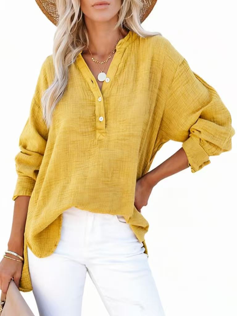 Women's Textured V-Neck Button Long Sleeve Blouse – Relaxed High-Low Fit in Yellow