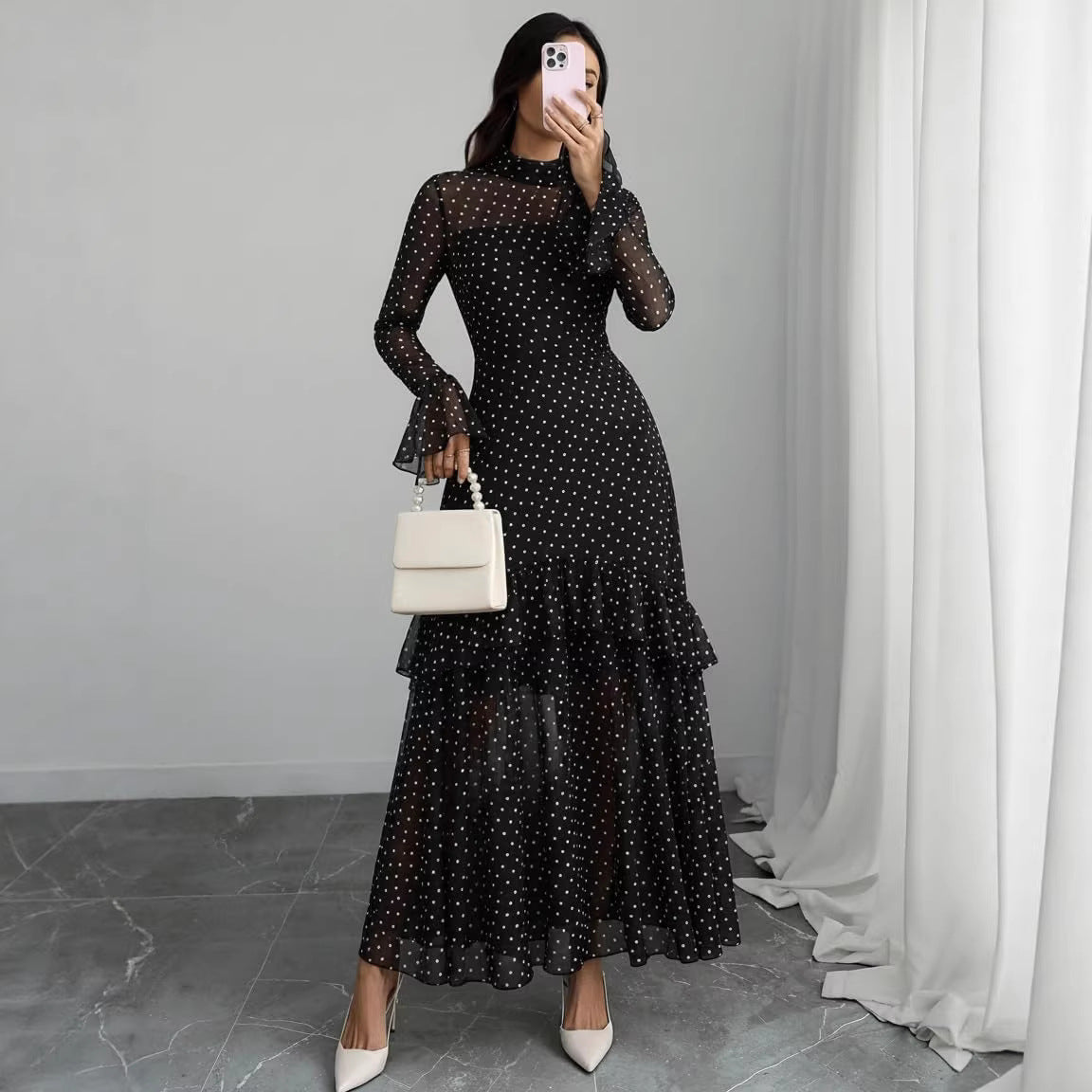 Women’s Floral Mesh Long Sleeve Ruffle Maxi Dress