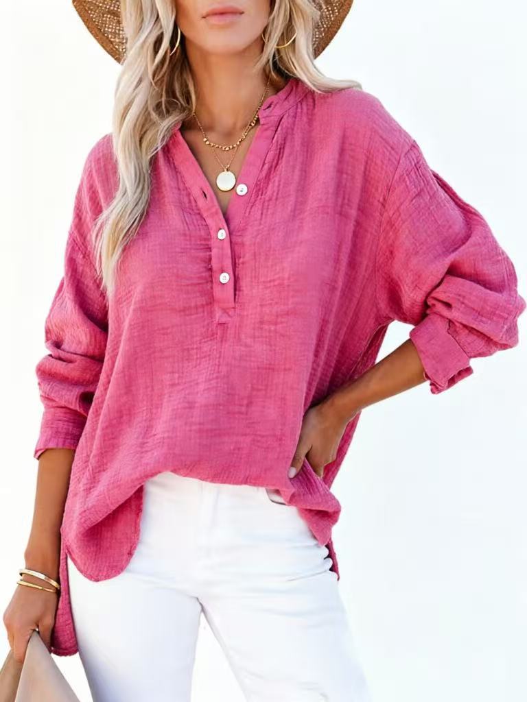 Women's Textured V-Neck Button Long Sleeve Blouse – Relaxed High-Low Fit in Hot Pink