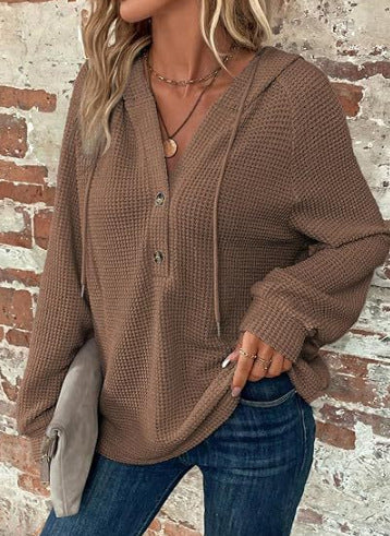 Women's Waffle Knit V-Neck Button Hoodie Top - product image 12