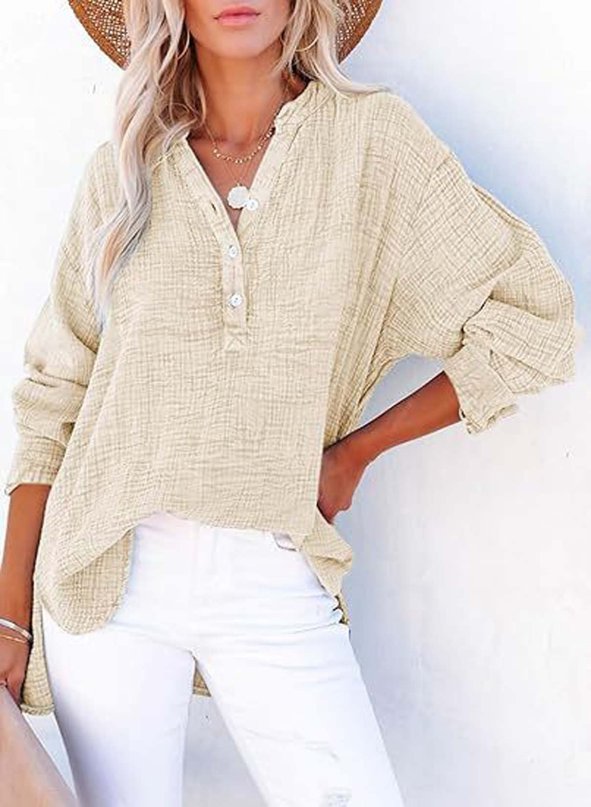 Women's Textured V-Neck Button Long Sleeve Blouse – Relaxed High-Low Fit in Apricot