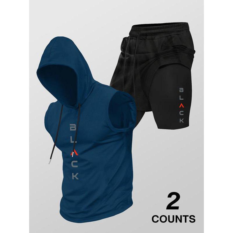 Men’s Sleeveless Hooded Workout Set – Layered Drawstring Shorts Two-Piece Activewear