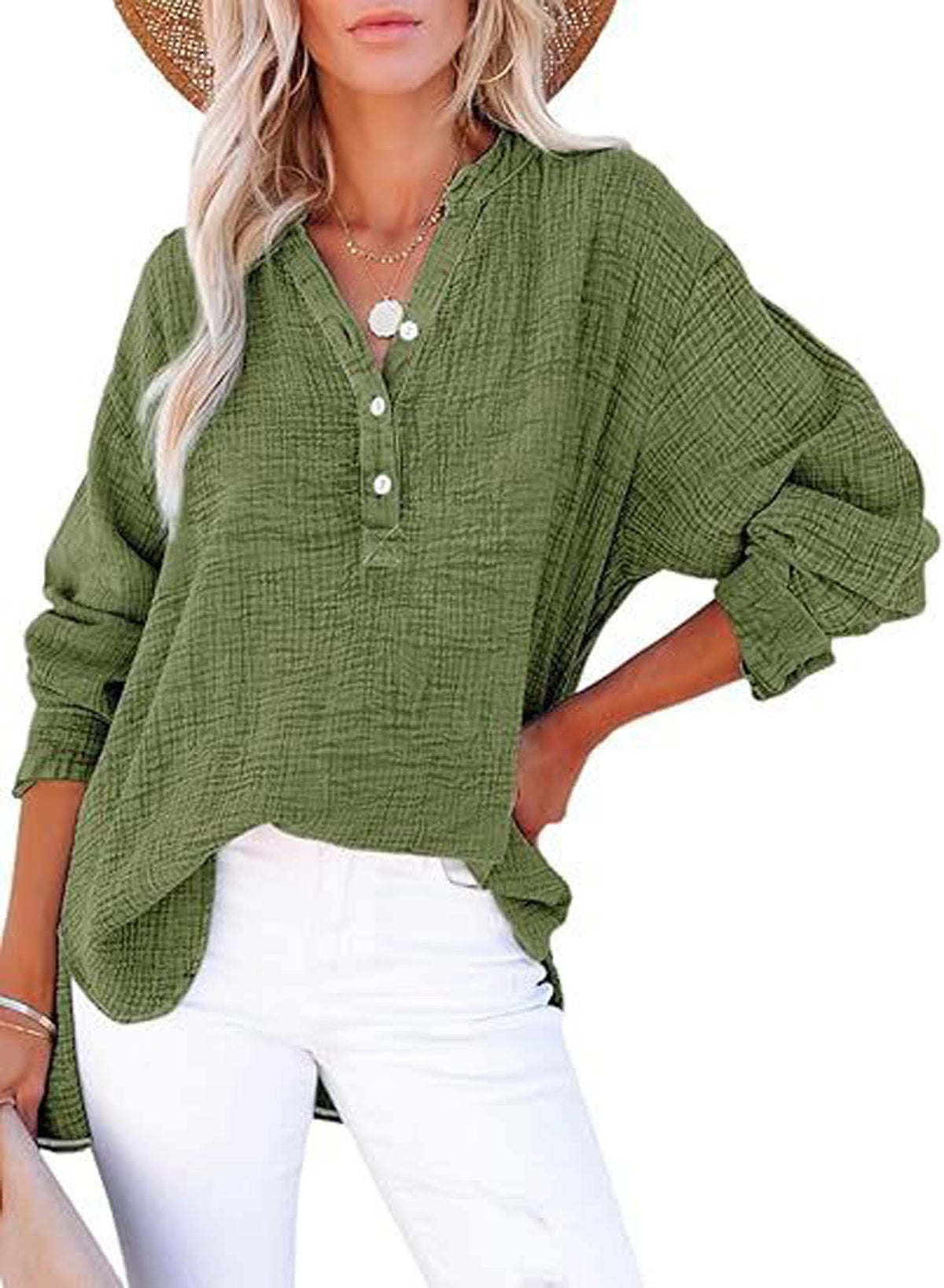 Women's Textured V-Neck Button Long Sleeve Blouse – Relaxed High-Low Fit in Olive Green