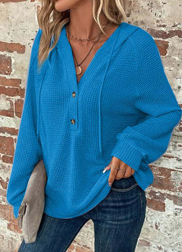 Women's Waffle Knit V-Neck Button Hoodie Top - product image 8