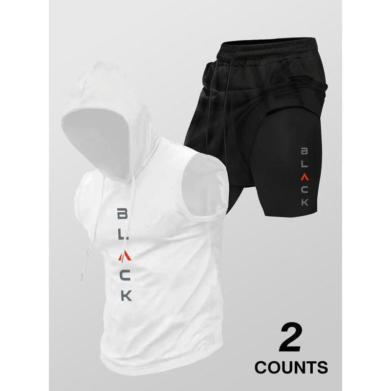 Men’s Sleeveless Hooded Workout Set – Layered Drawstring Shorts Two-Piece Activewear