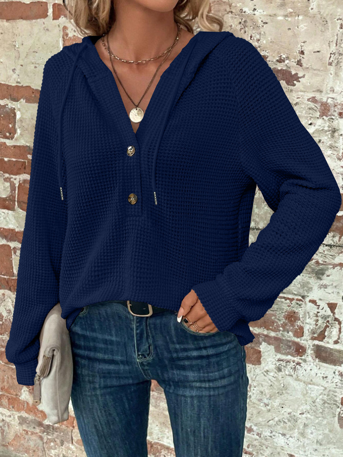 Women's Waffle Knit V-Neck Button Hoodie Top - product image 10