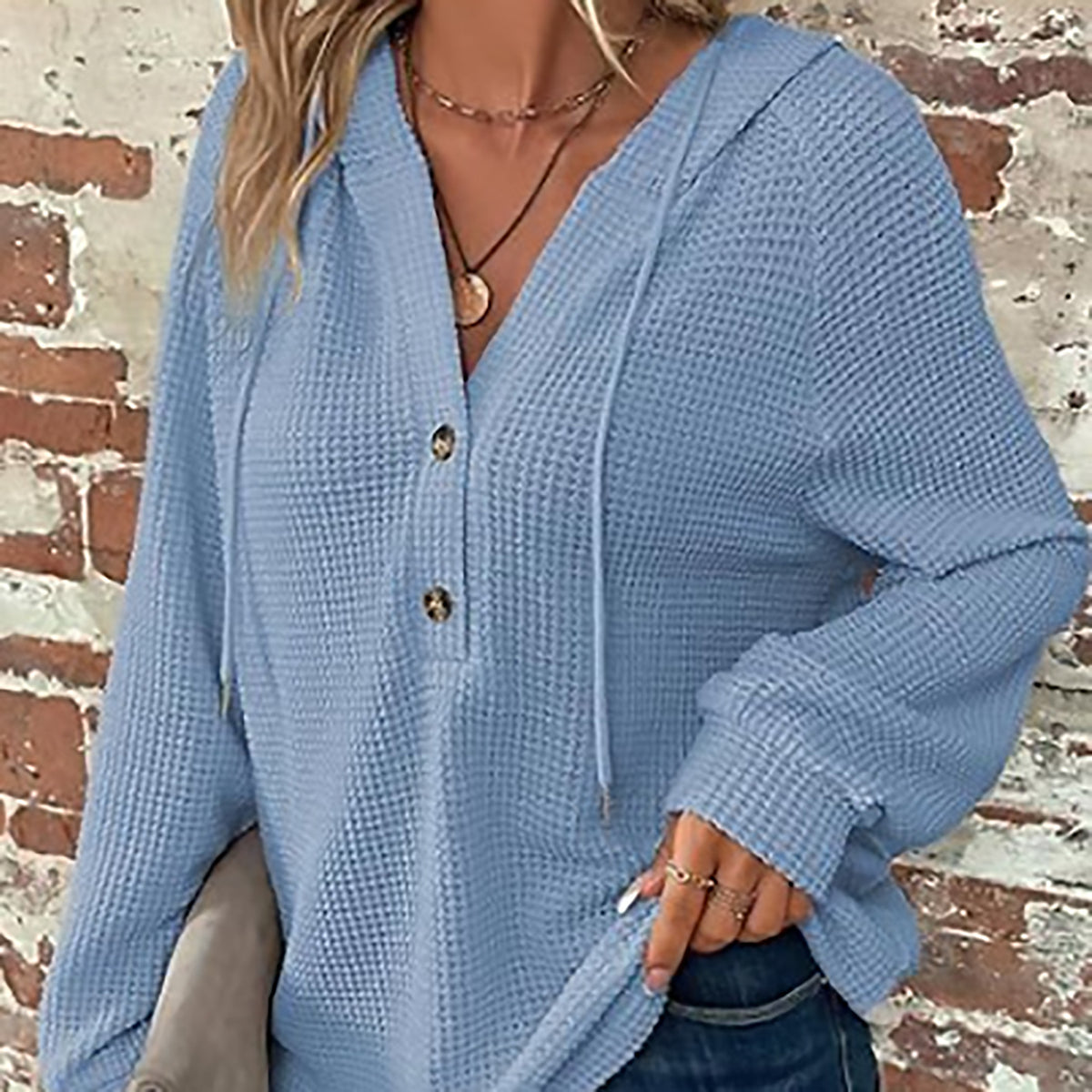 Women's Waffle Knit V-Neck Button Hoodie Top - product image 7