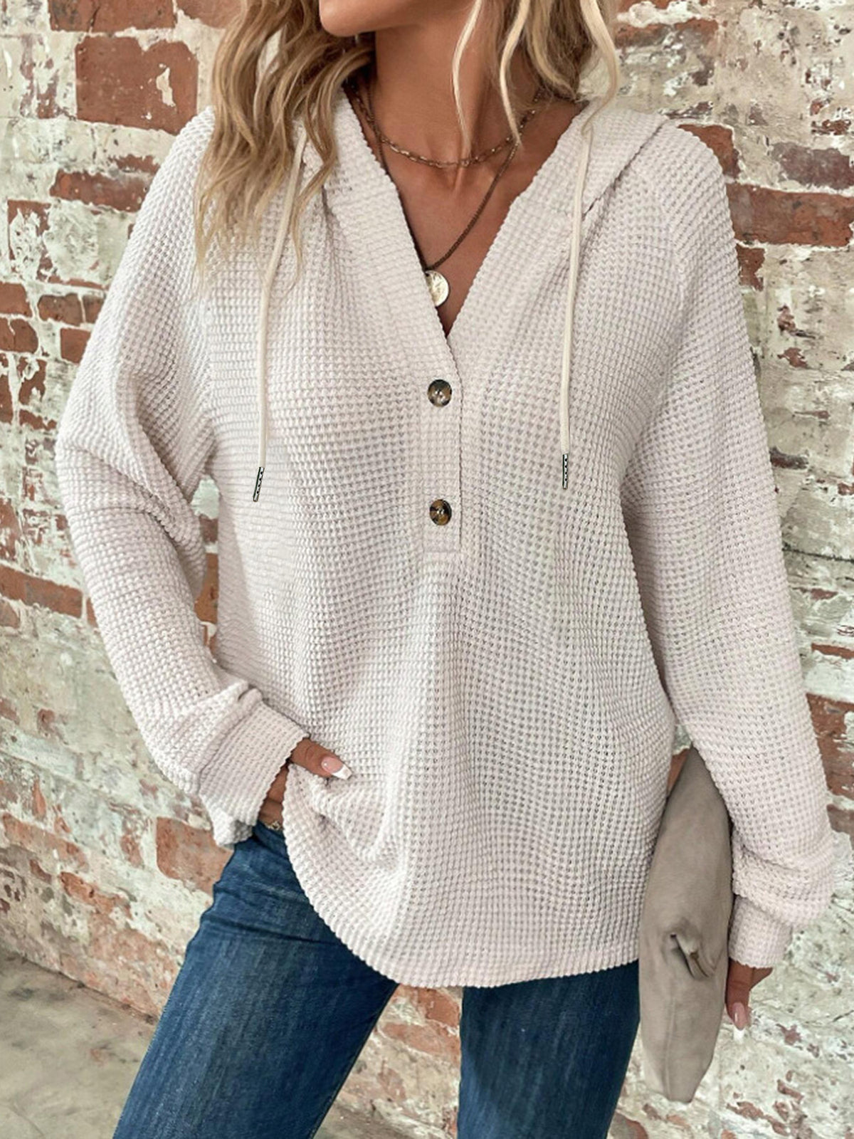 Women's Waffle Knit V-Neck Button Hoodie Top - product image 11