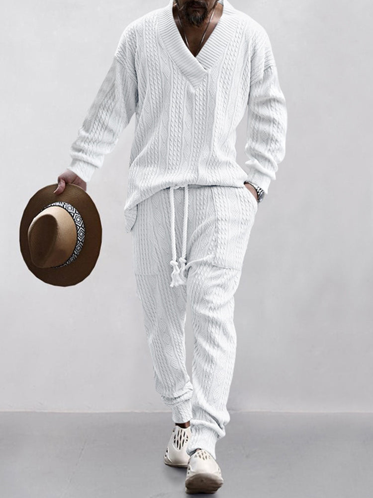 Men's Luxury Cable Knit V-Neck Set – Premium Casual Two Piece Outfit