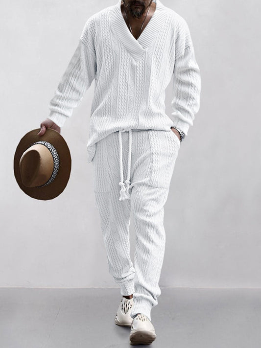 Men's Luxury Cable Knit V-Neck Set – Premium Casual Two Piece Outfit