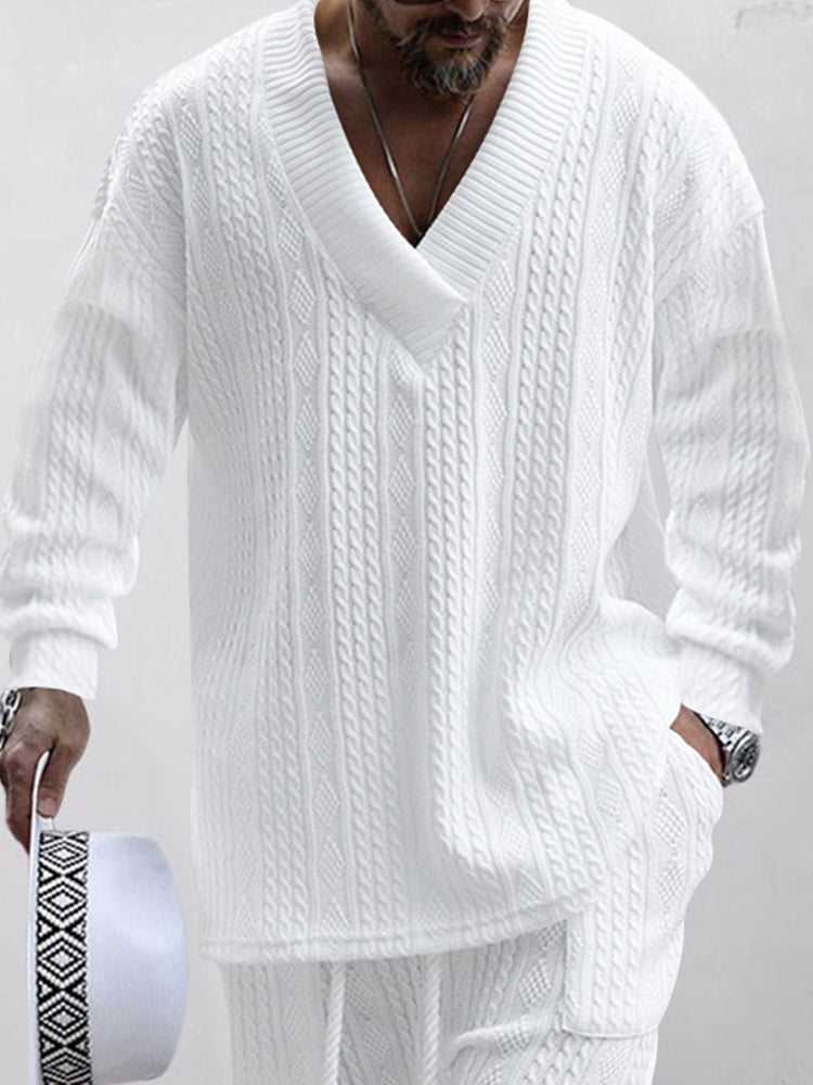 Men's Luxury Cable Knit V-Neck Set – Premium Casual Two Piece Outfit