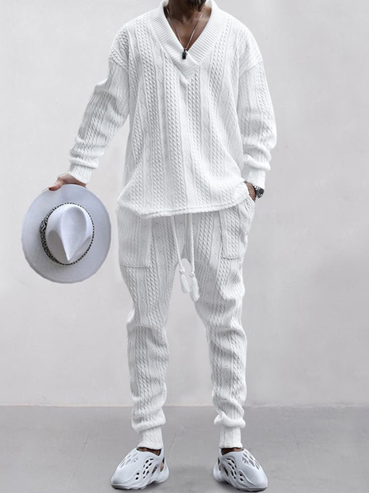 Men's Luxury Cable Knit V-Neck Set – Premium Casual Two Piece Outfit