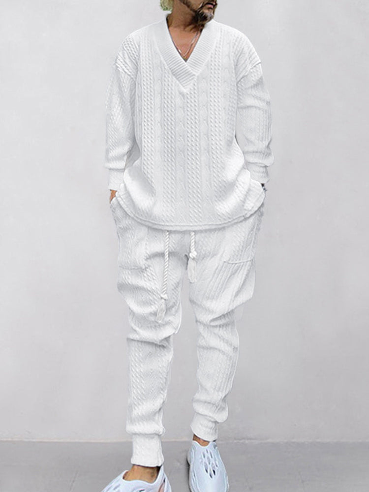 Men's Luxury Cable Knit V-Neck Set – Premium Casual Two Piece Outfit