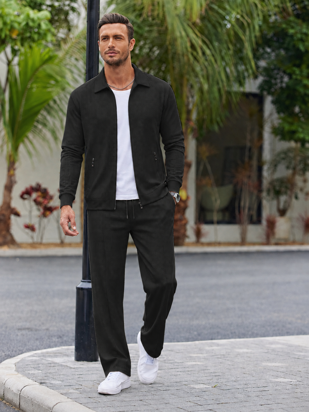 Men’s Textured Zip-Up Jacket & Pants Set – Smart Casual Two-Piece Outfit