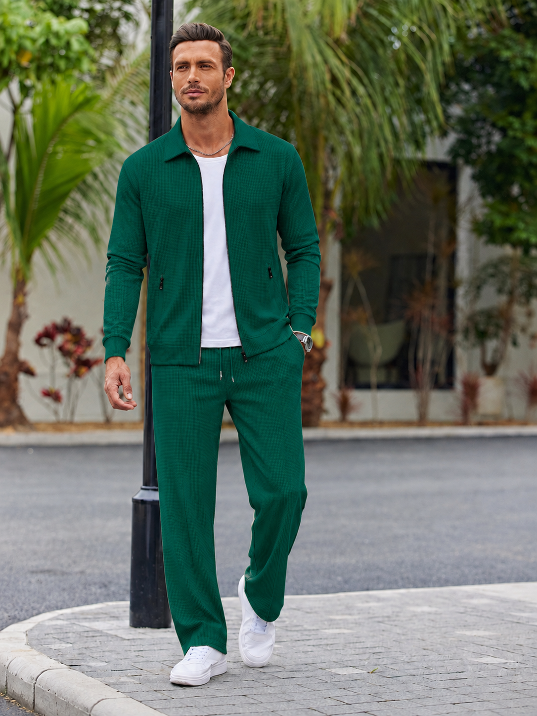 Men’s Textured Zip-Up Jacket & Pants Set – Smart Casual Two-Piece Outfit