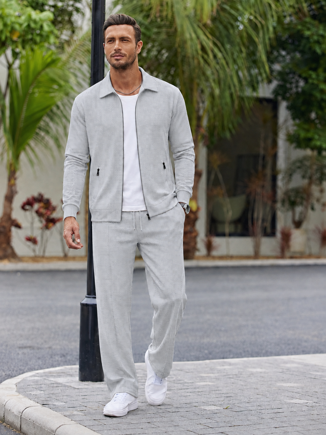 Men’s Textured Zip-Up Jacket & Pants Set – Smart Casual Two-Piece Outfit