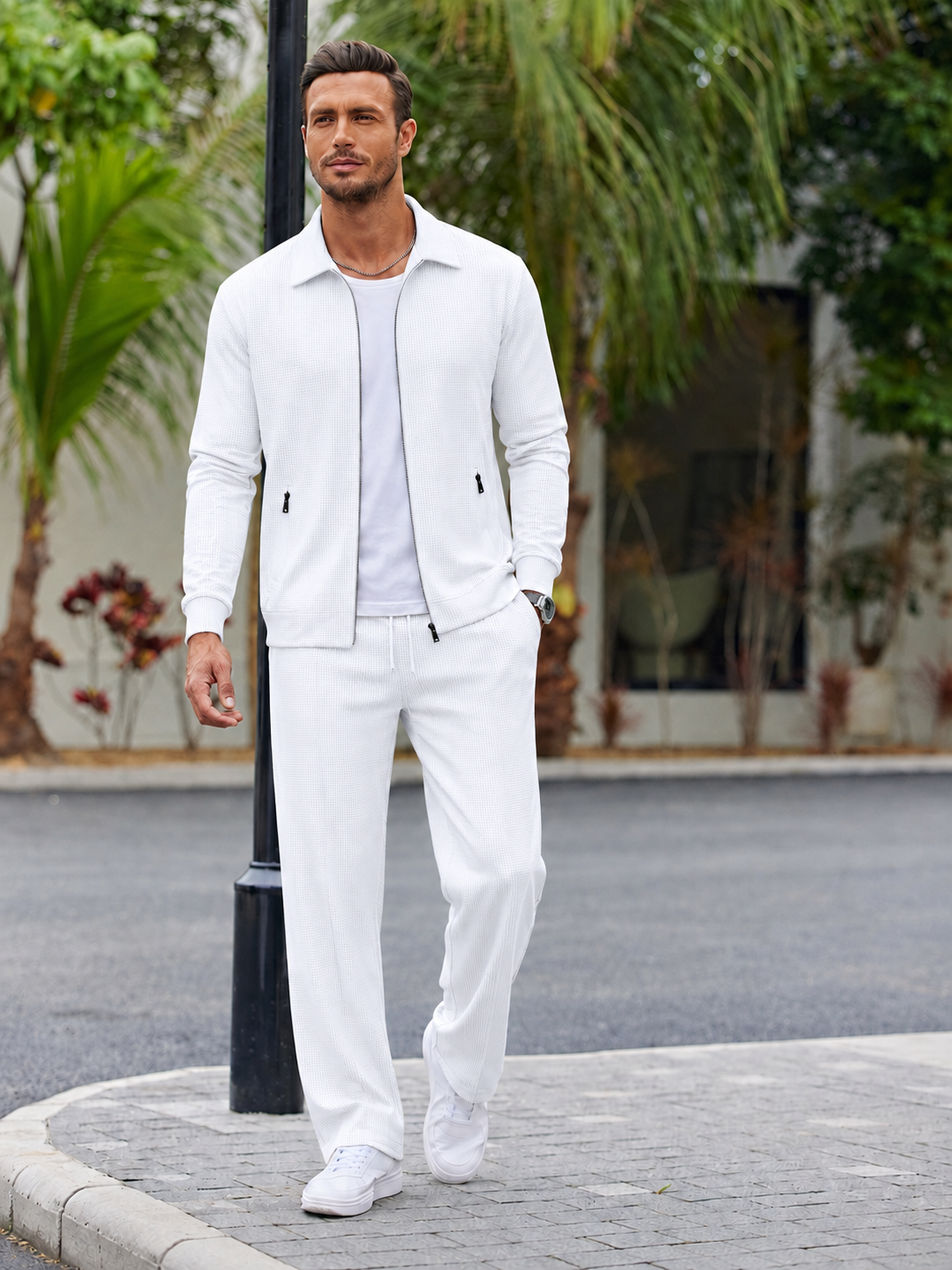 Men’s Textured Zip-Up Jacket & Pants Set – Smart Casual Two-Piece Outfit