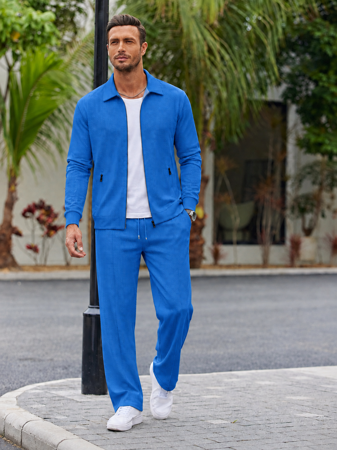 Men’s Textured Zip-Up Jacket & Pants Set – Smart Casual Two-Piece Outfit