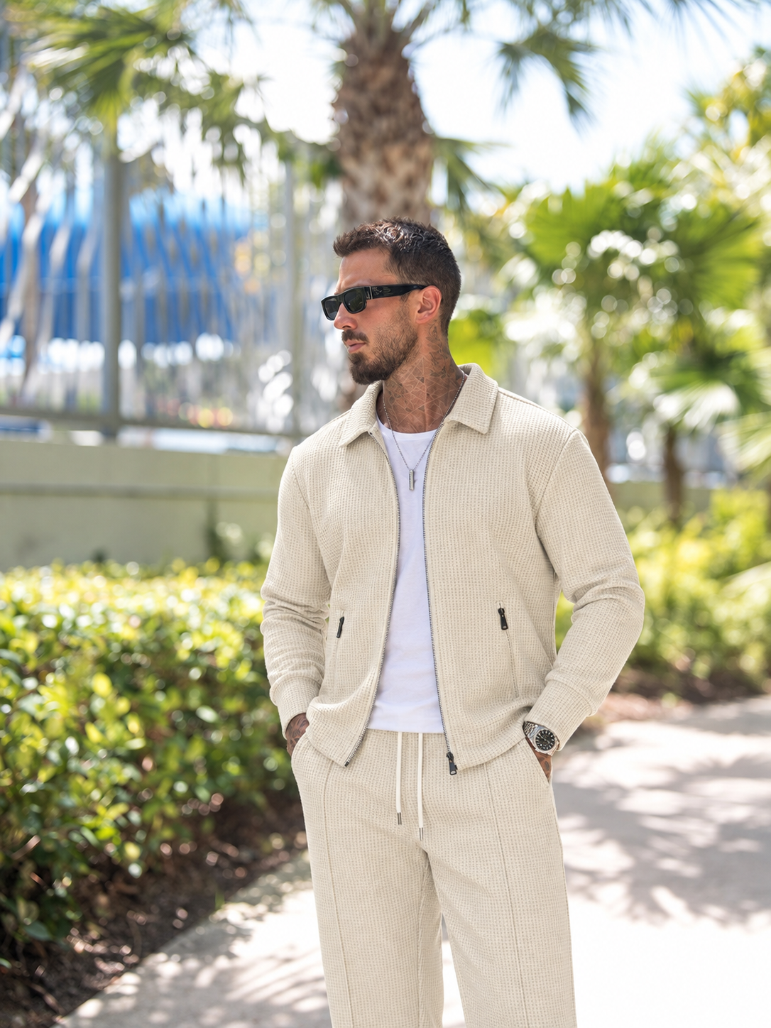Men’s Textured Zip-Up Jacket & Pants Set – Smart Casual Two-Piece Outfit