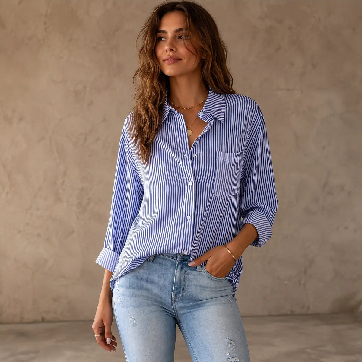 Women's Striped Button-Front Long Sleeve Blouse - product detail 6