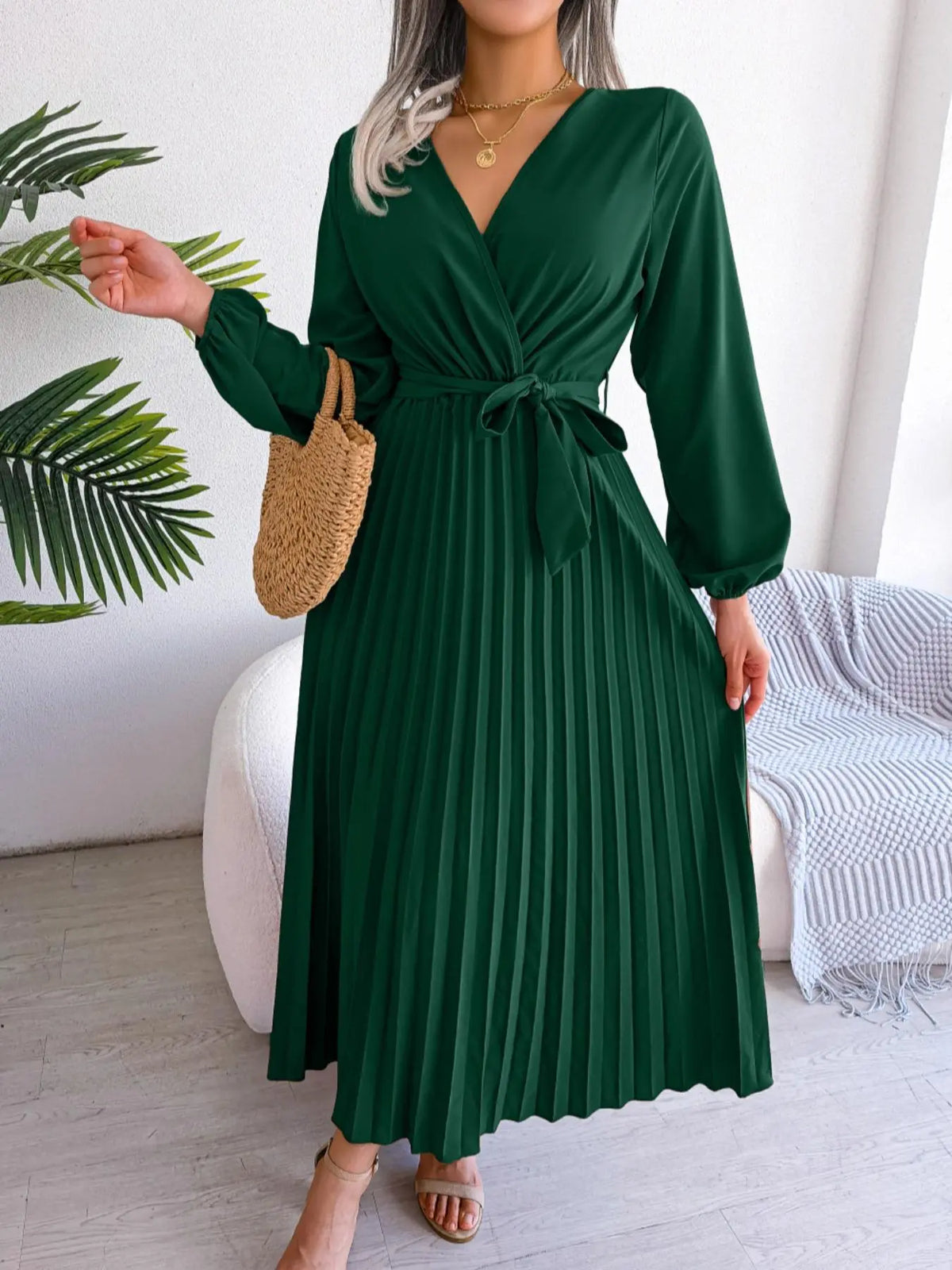 Women's Pleated Belted Wrap V-Neck Midi Dress - Dark Green