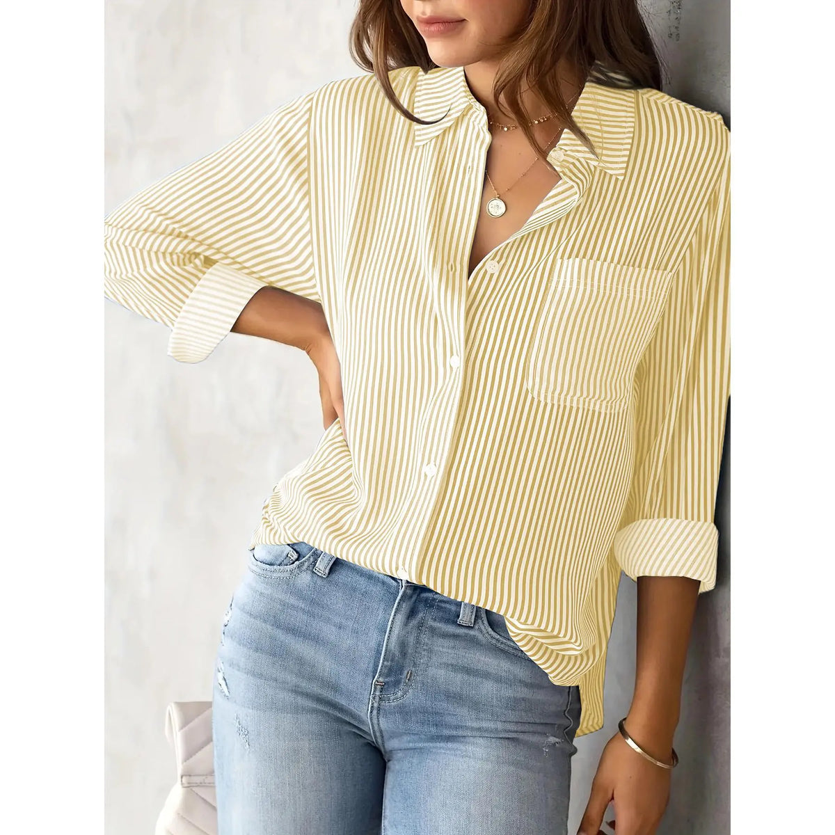 Women's Striped Button-Front Long Sleeve Blouse - Yellow