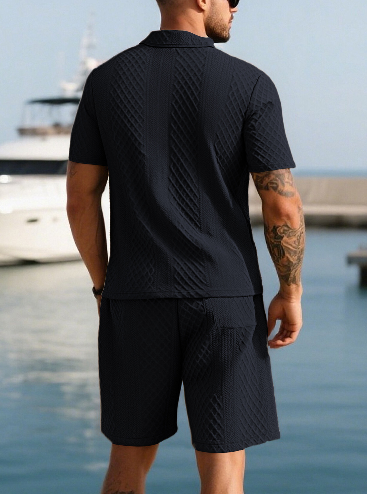 Men’s Textured Jacquard Polo Shirt & Shorts Set – Casual Two-Piece Outfit