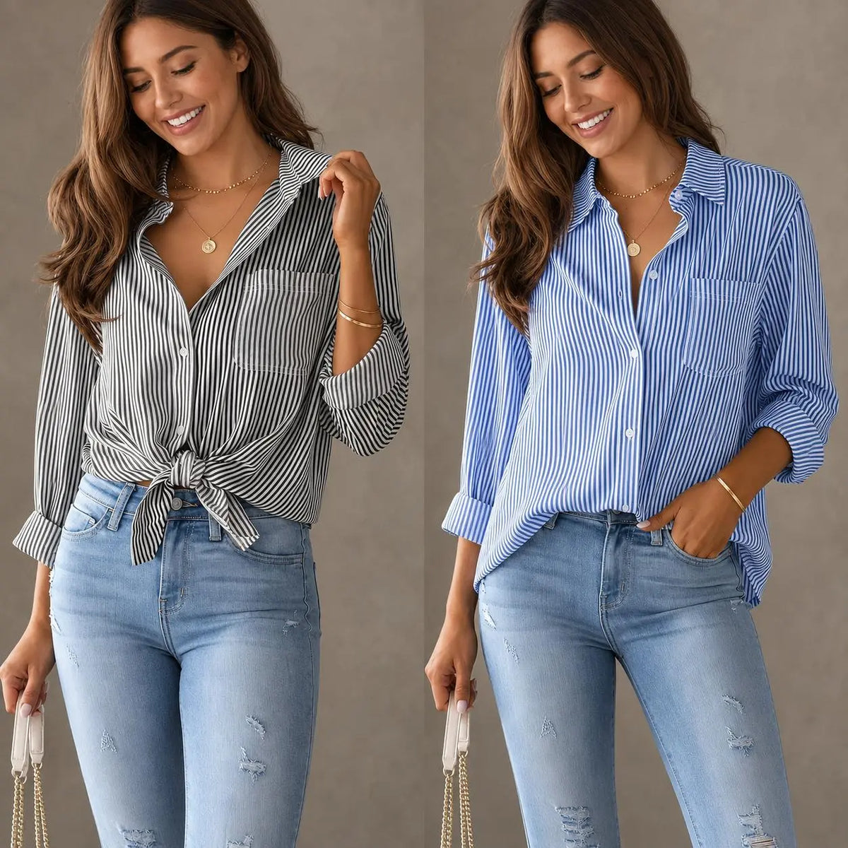 Women's Striped Button-Front Long Sleeve Blouse - Black / Blue