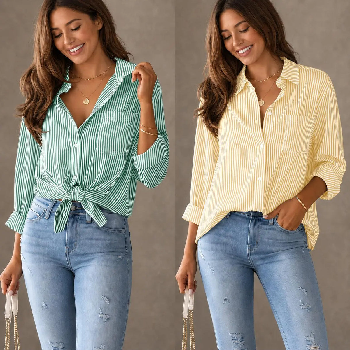 Women's Striped Button-Front Long Sleeve Blouse - Green / Yellow