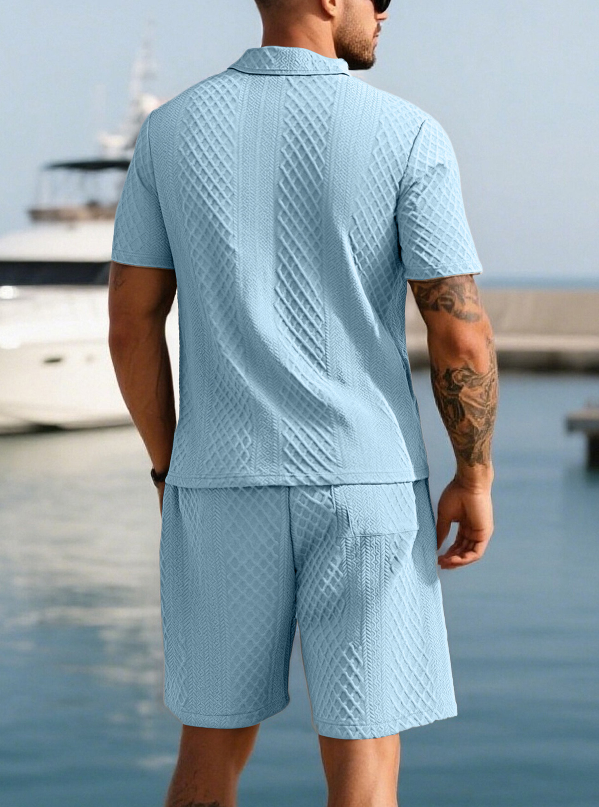 Men’s Textured Jacquard Polo Shirt & Shorts Set – Casual Two-Piece Outfit