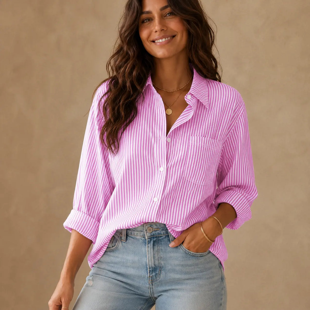 Women's Striped Button-Front Long Sleeve Blouse - product detail 4