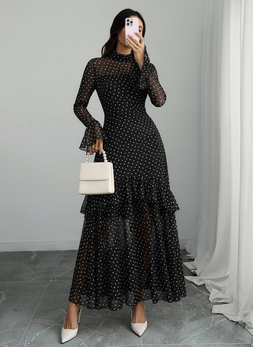 Women’s Floral Mesh Long Sleeve Ruffle Maxi Dress