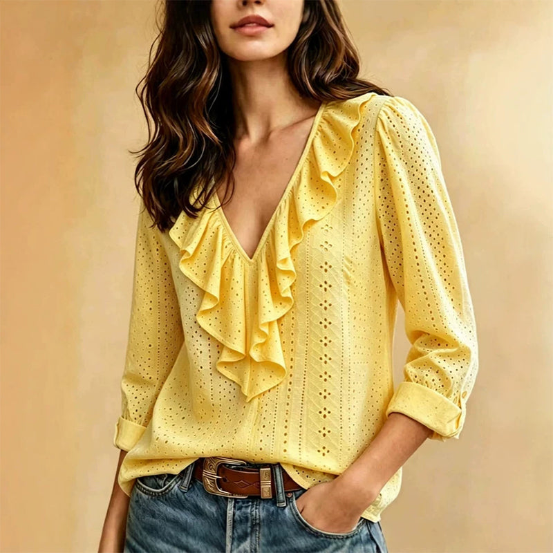 Black women's V-neck ruffle blouse