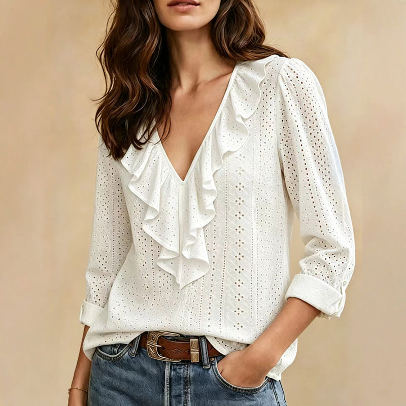 Black women's V-neck ruffle blouse