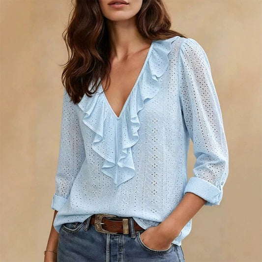 Sky Blue women's V-neck ruffle blouse